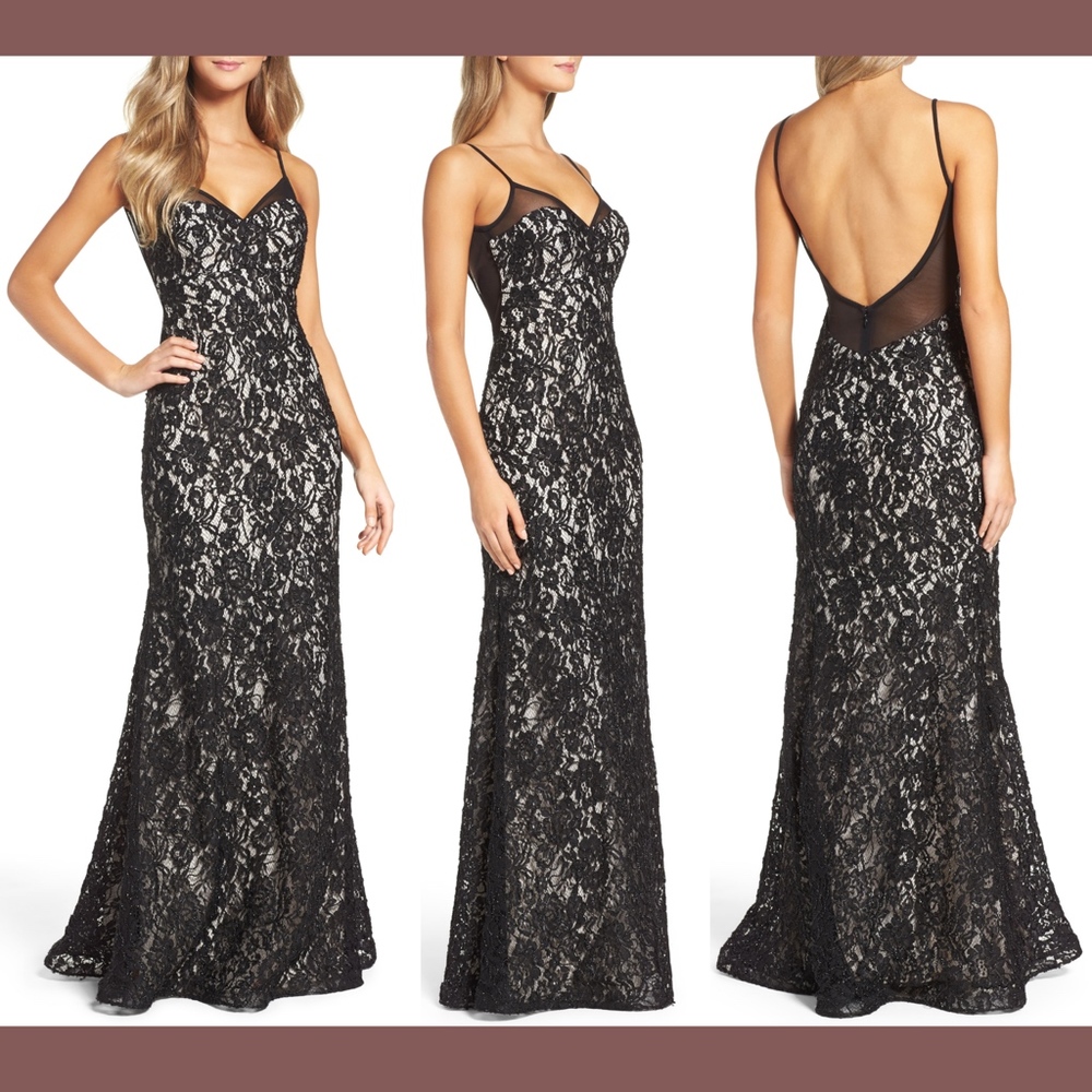 NEW Xscape Lace Embroidered‎ Slipdress Gown in Black/Nude [SZ 8 ]